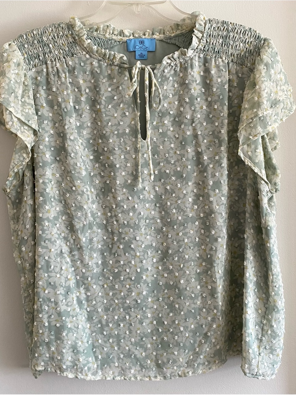 CeCe Pale Mint Floral Tie-Neck Blouse XL